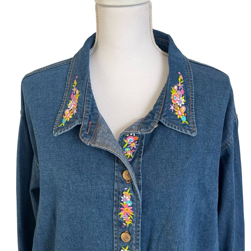 Bob Mackie Wearable Art Denim Shirt Womens 2X Plus Blue Maypole Embroidery Tunic - Picture 10 of 10